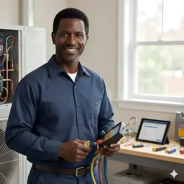 Air conditioning repair technician examining AC unit components