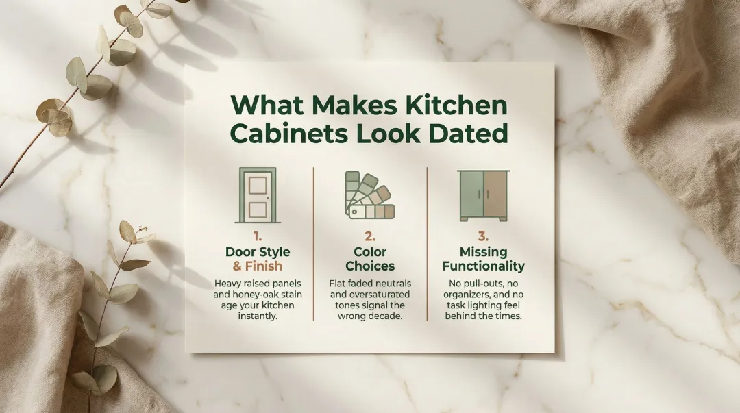 Three main reasons kitchen cabinets look dated visual breakdown infographic