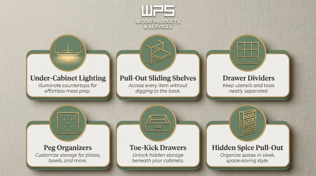 Six functional kitchen cabinet storage upgrade options illustrated infographic
