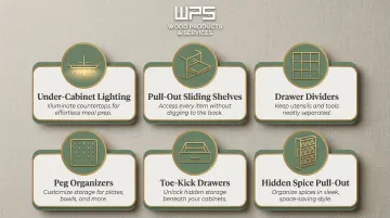 Six functional kitchen cabinet storage upgrade options illustrated infographic