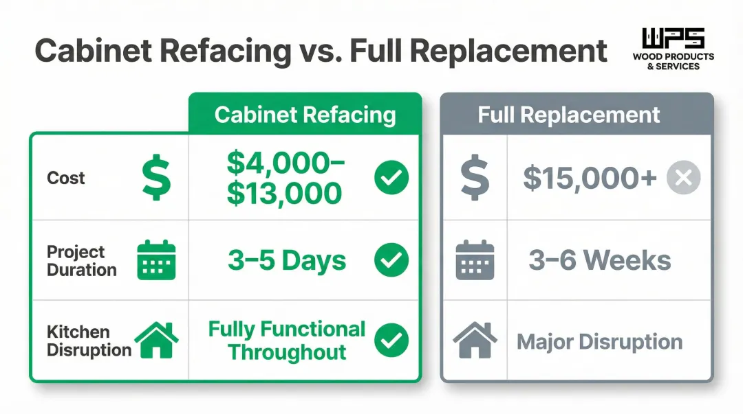 Cabinet refacing versus full replacement cost time and disruption comparison infographic