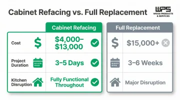 Cabinet refacing versus full replacement cost time and disruption comparison infographic
