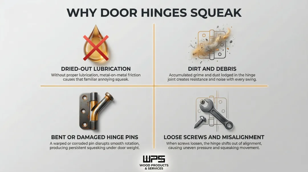 Four primary causes of squeaky door hinges visual breakdown infographic