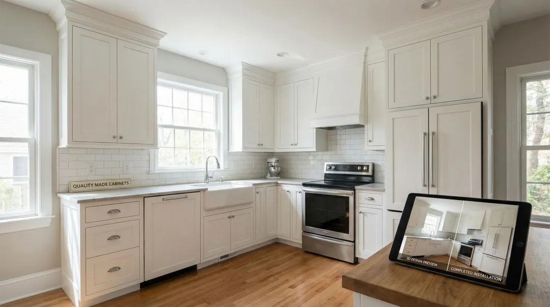 Custom white kitchen cabinetry installation with 3D design preview consultation