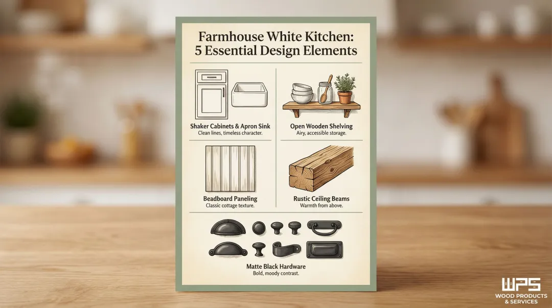 Five farmhouse white kitchen design elements visual guide infographic