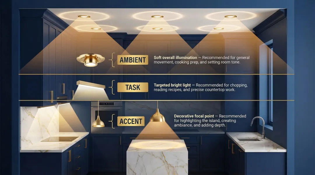 Three-layer kitchen lighting diagram ambient task and accent types