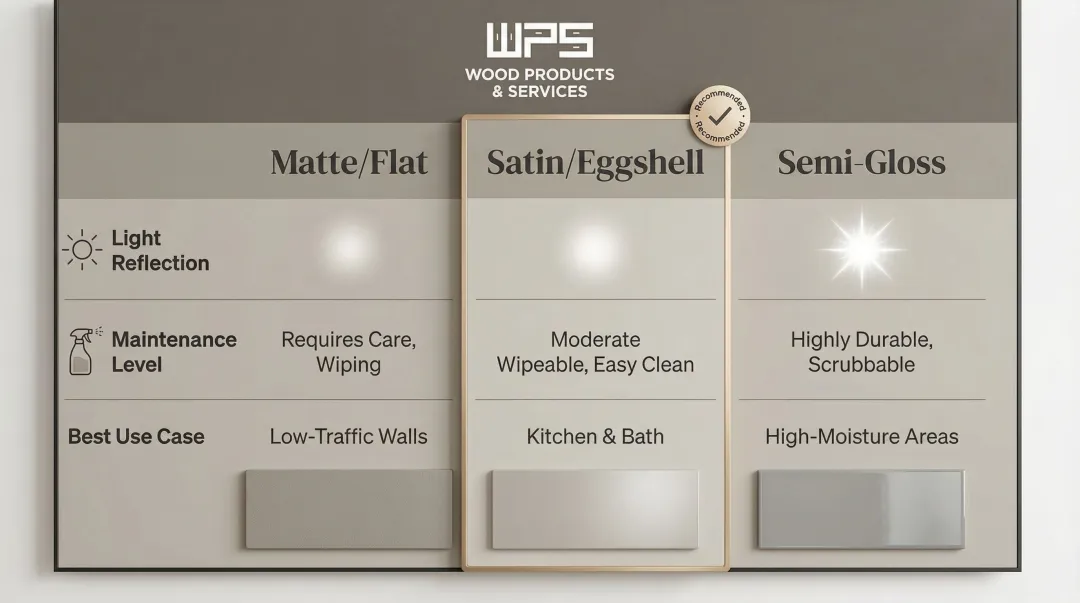 Cabinet finish sheen comparison chart matte satin semi-gloss light reflection maintenance