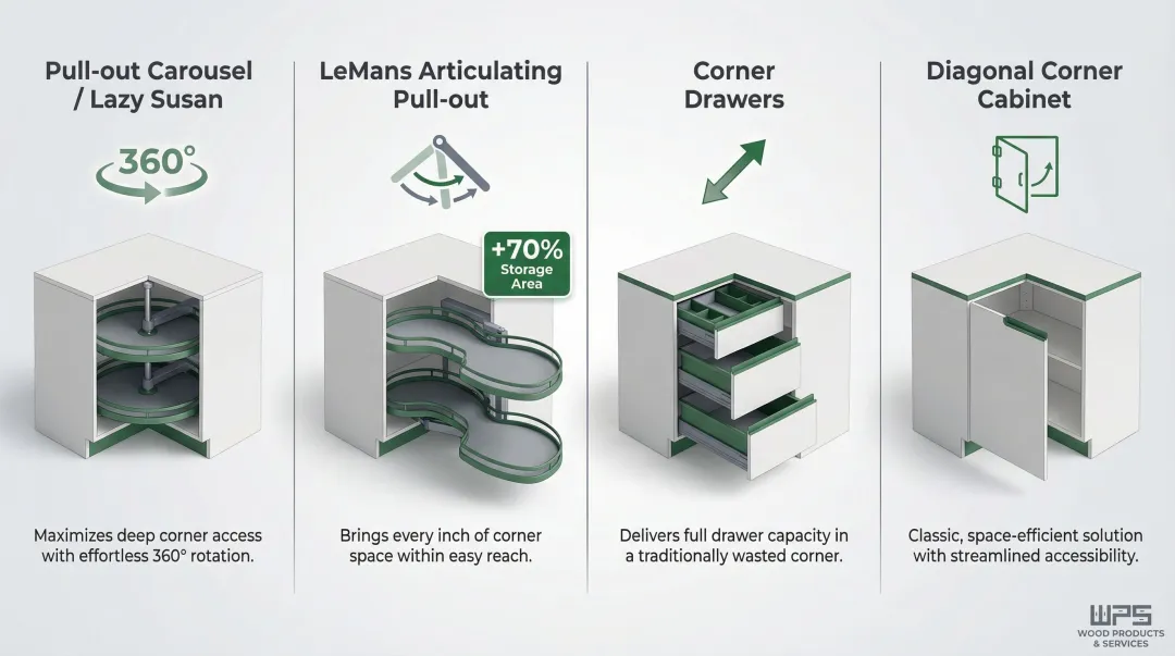 Four small kitchen corner cabinet storage solutions pull-out carousel LeMans drawers