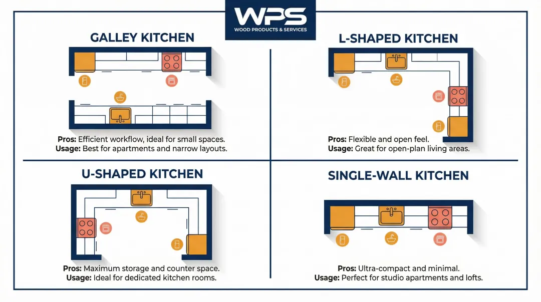 Four small kitchen layout types comparison galley L-shaped U-shaped single-wall
