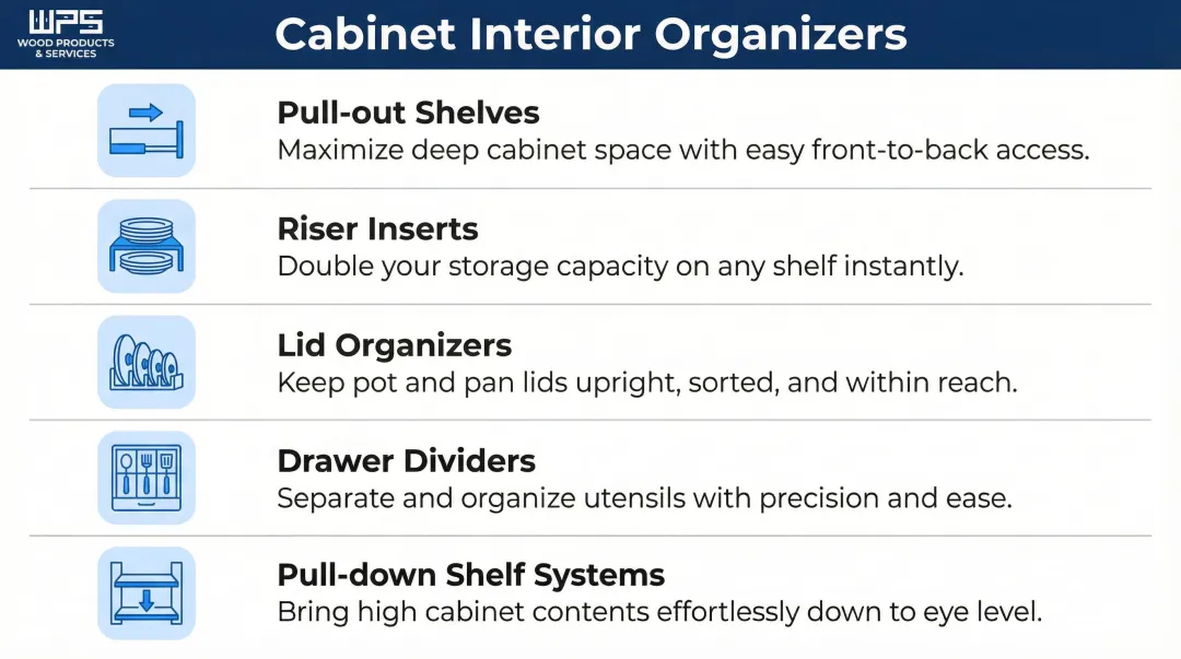 Five essential small kitchen interior cabinet organizer tools maximizing usable storage space