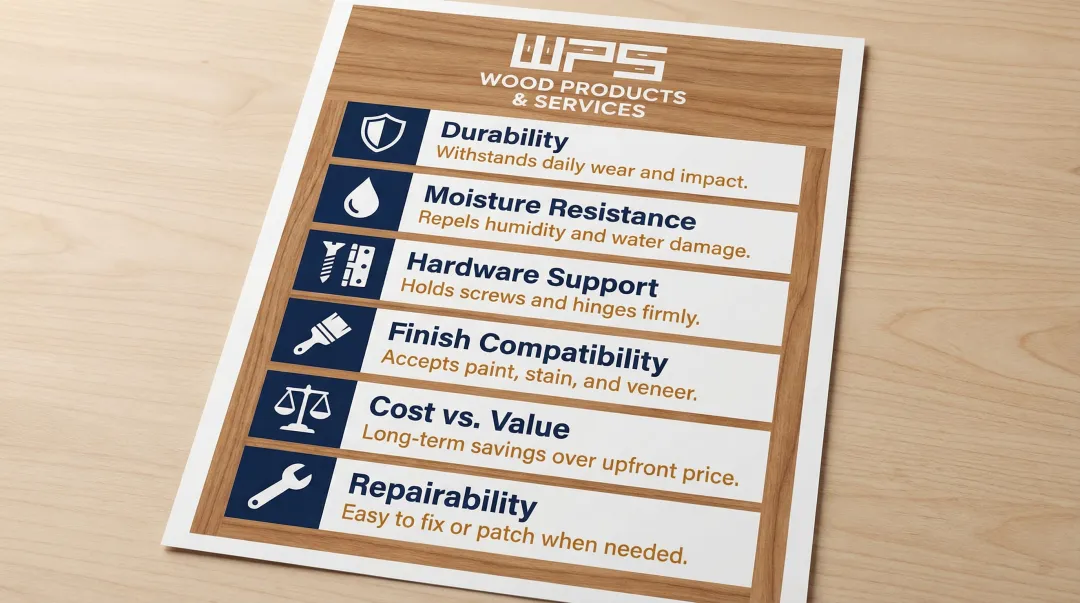 Six key cabinet material evaluation factors checklist infographic