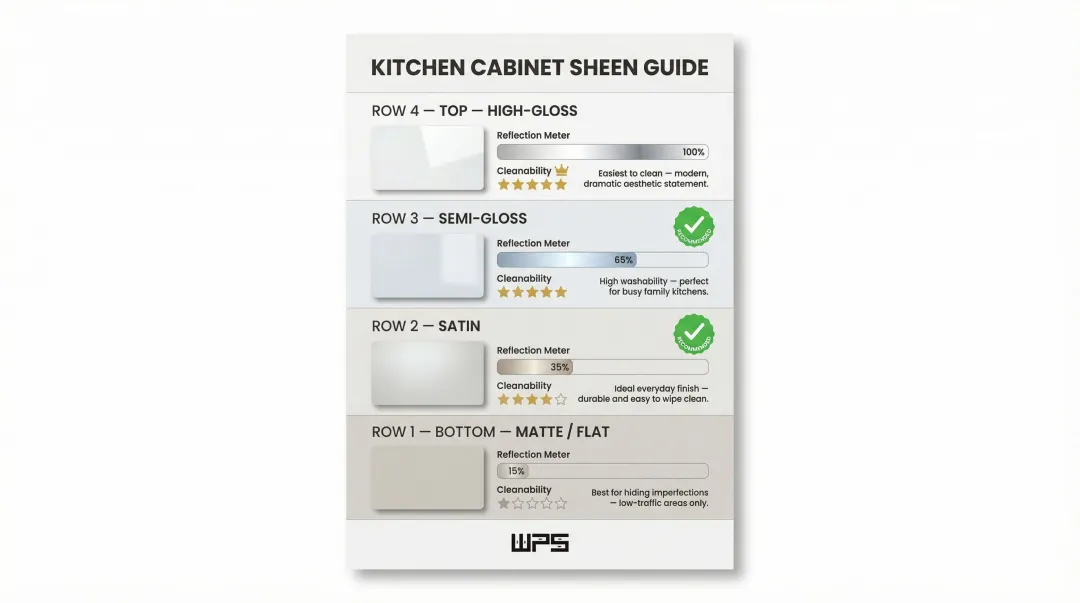 Four cabinet paint sheen levels compared from matte to high-gloss cleanability durability