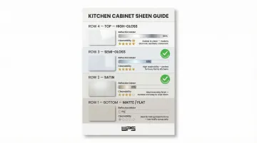 Four cabinet paint sheen levels compared from matte to high-gloss cleanability durability