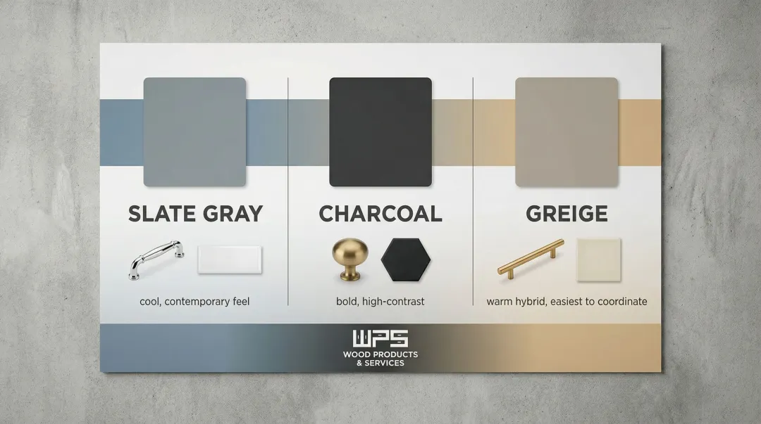 Three gray bathroom cabinet tones slate charcoal and greige comparison infographic