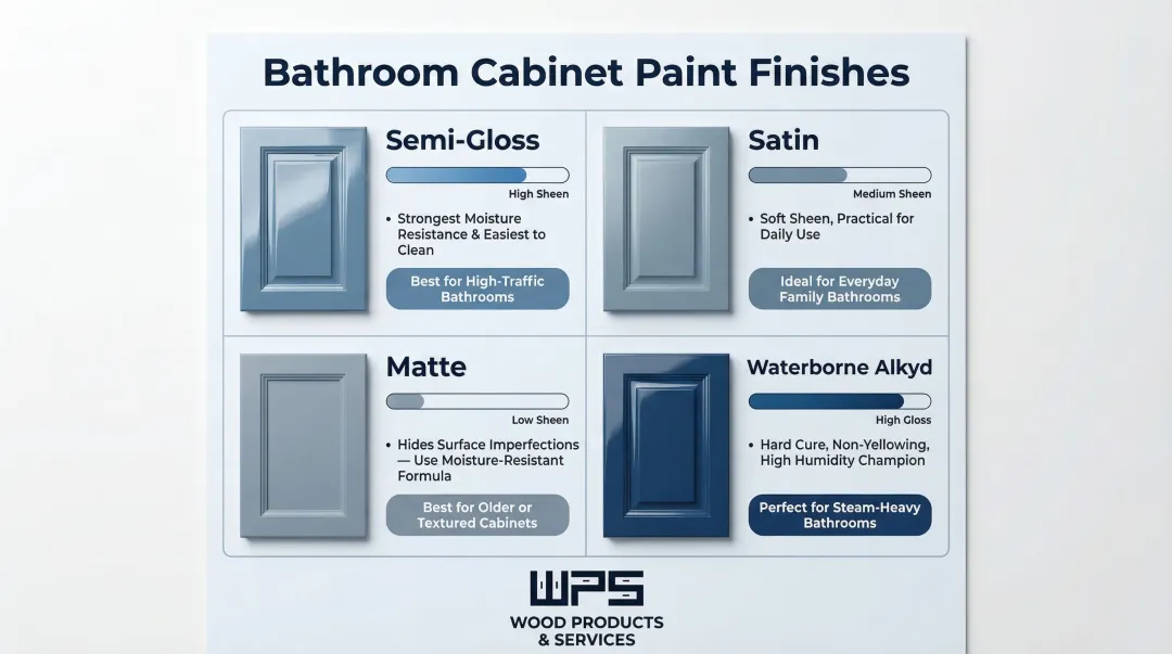 Bathroom cabinet paint finish comparison semi-gloss satin matte and alkyd options