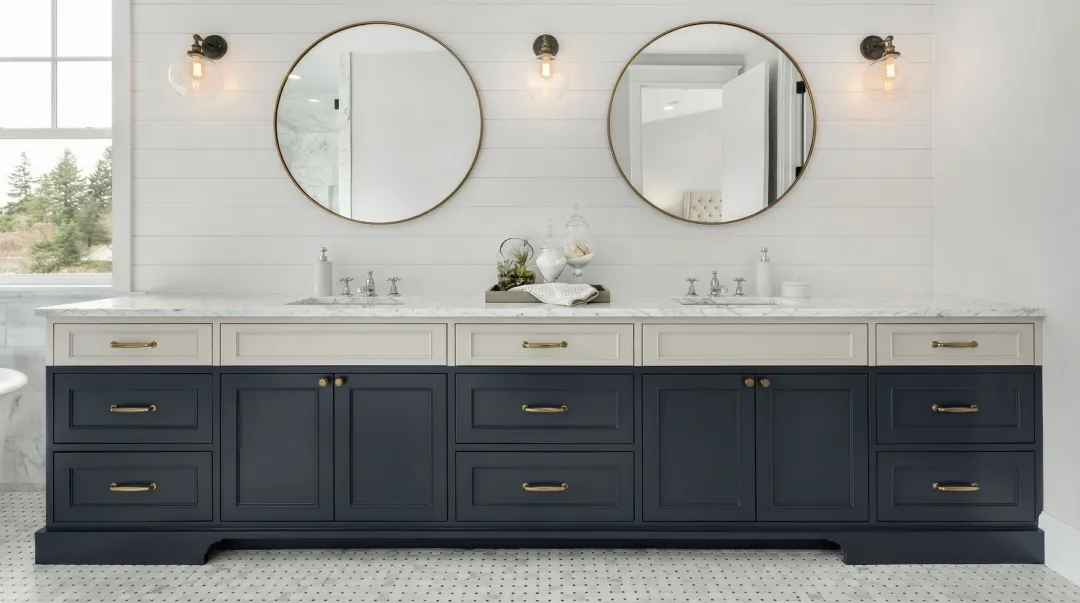 Two-tone bathroom vanity cabinet with lighter upper and darker lower finish