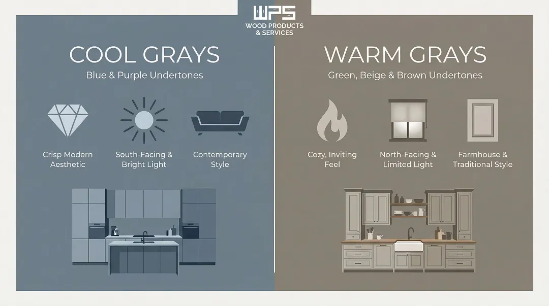Cool versus warm gray cabinet undertones comparison infographic for kitchens