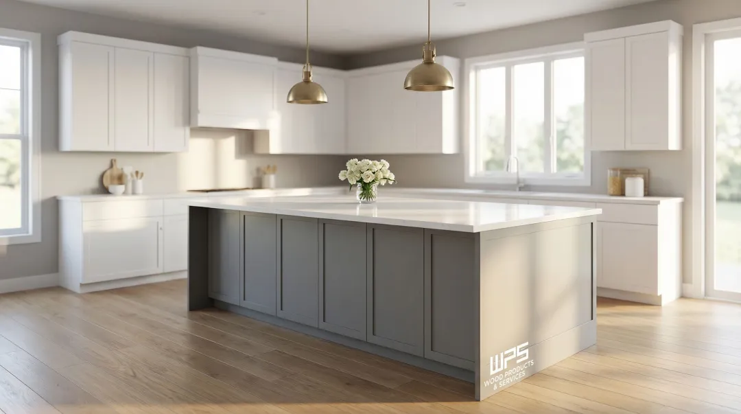 Two-tone kitchen with white upper cabinets and gray island as focal point