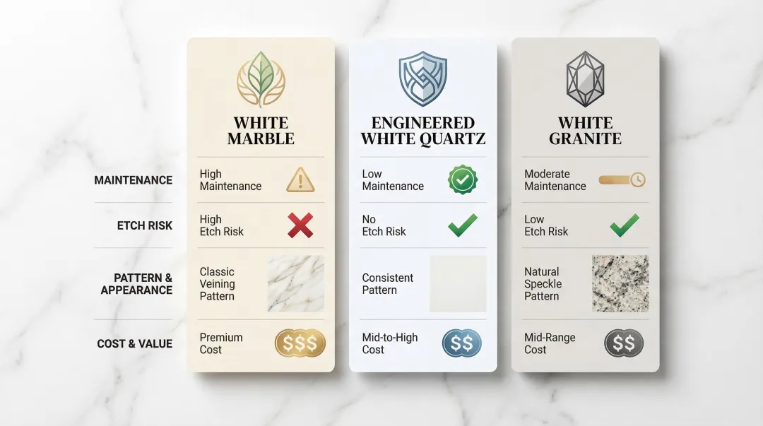 White marble quartz and granite countertop comparison chart for gray cabinets