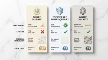 White marble quartz and granite countertop comparison chart for gray cabinets