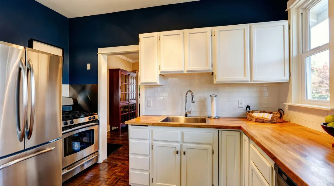 white kitchen cabinets with dramatic dark navy or black accent wall bold contrast
