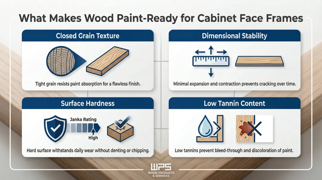 Four core paint-ready wood properties infographic for cabinet face frames