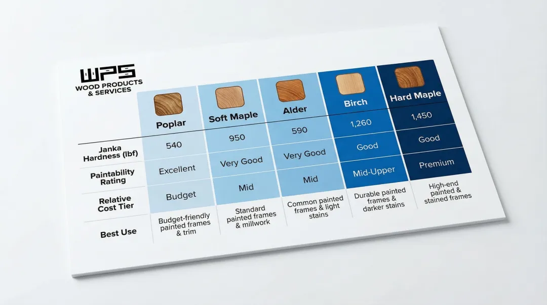 Five cabinet face frame wood species comparison chart Janka hardness and cost