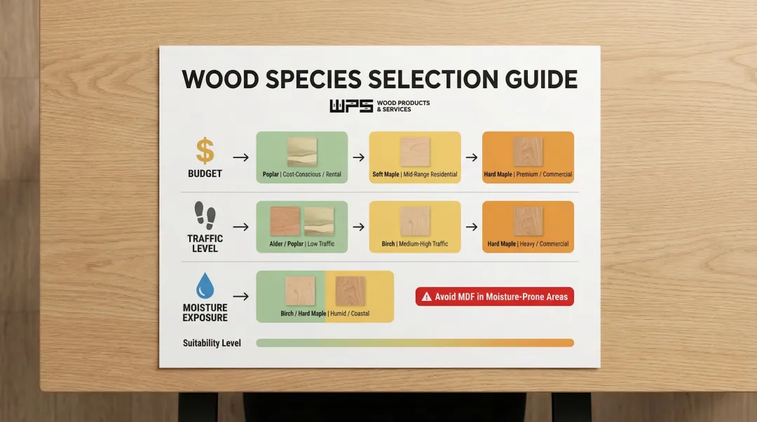 Wood species selection decision guide by budget traffic and moisture exposure factors