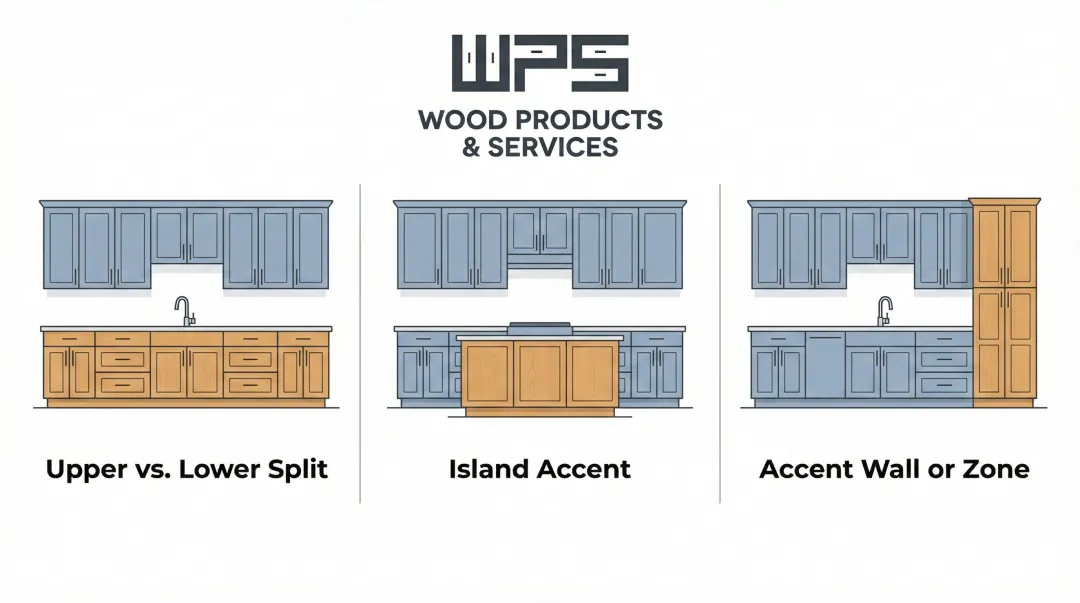 Three two-tone cabinet layout strategies upper lower island and accent zone