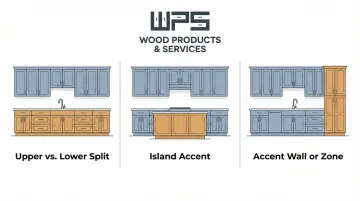 Three two-tone cabinet layout strategies upper lower island and accent zone