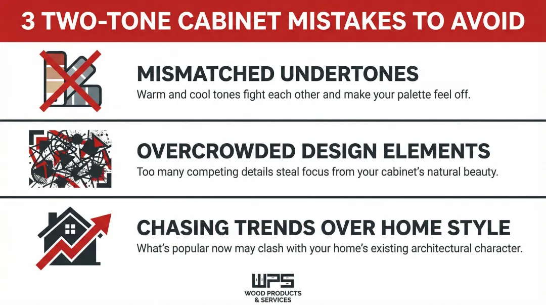 Three common two-tone cabinet mistakes mismatched undertones overcrowding and trend mismatch