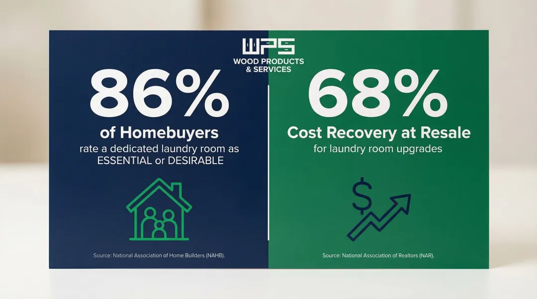 Laundry room ROI statistics showing 86 percent homebuyer demand and 68 percent cost recovery