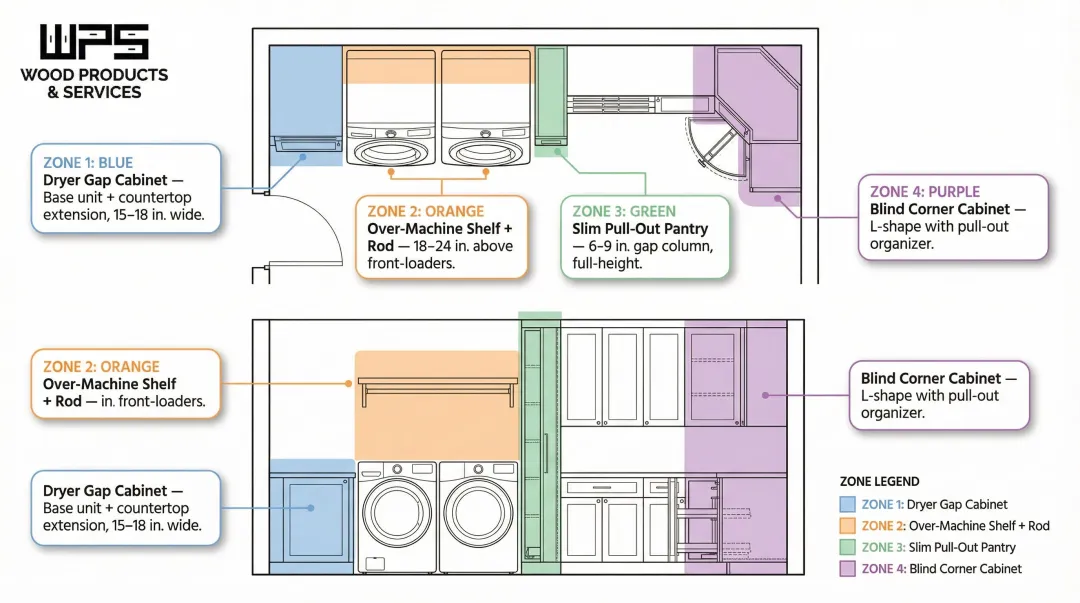 Laundry room dead space activation strategies using built-in cabinets and storage solutions