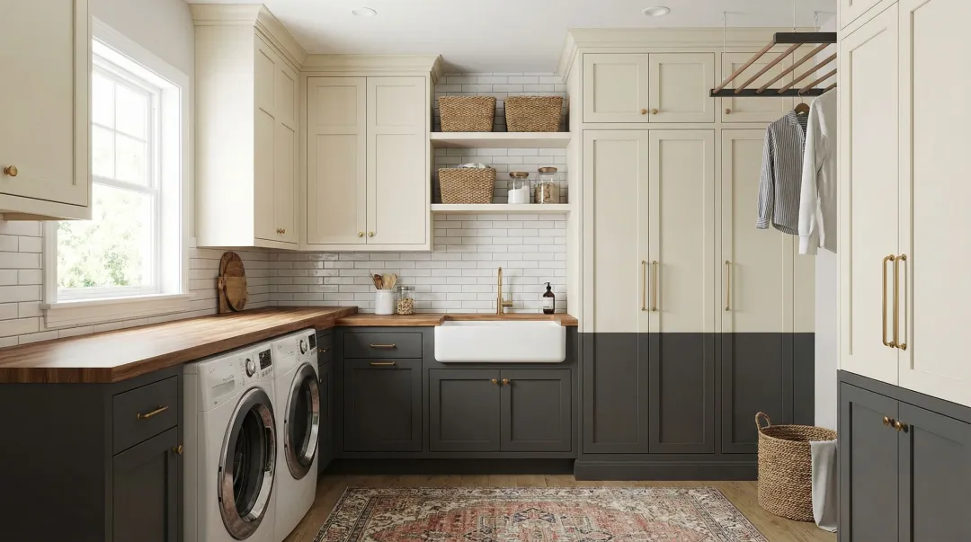 Custom laundry room built-in cabinets with soft-close hardware and neutral finish
