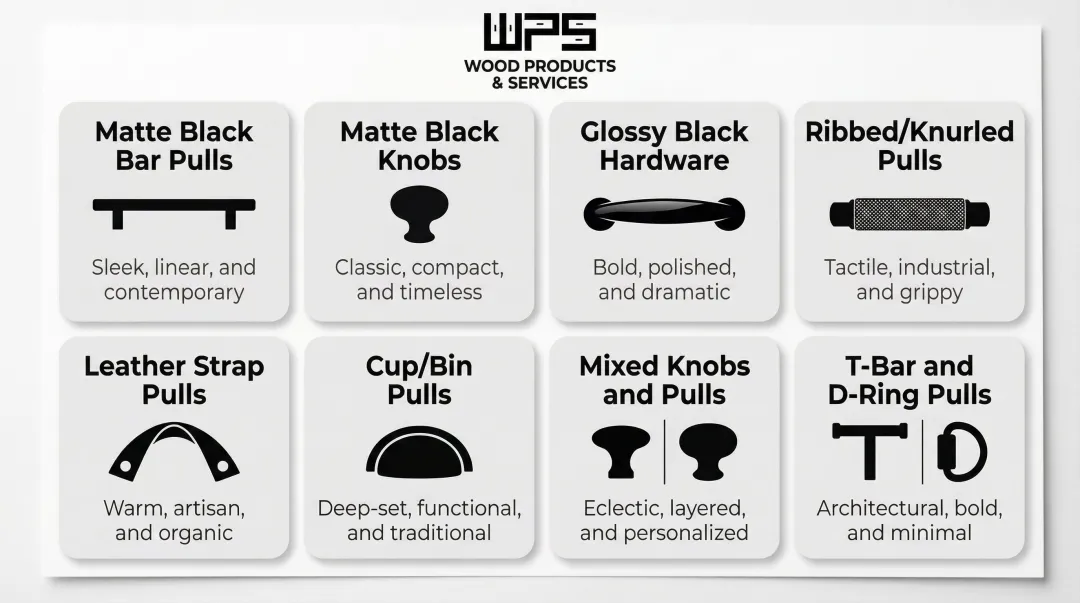 Eight black cabinet hardware styles comparison chart for white kitchen cabinets