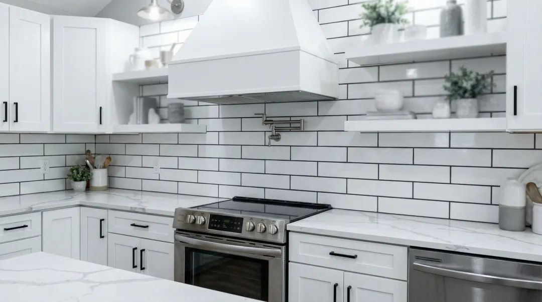 White subway tile backsplash with black grout lines in modern kitchen