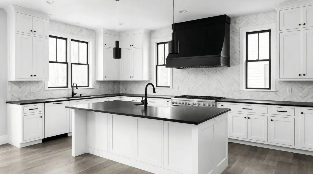 Bold monochrome kitchen with white cabinets black countertops hardware and pendant lights