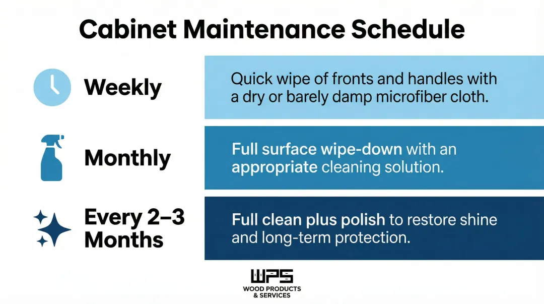 Kitchen cabinet cleaning and polishing maintenance schedule by weekly monthly quarterly frequency