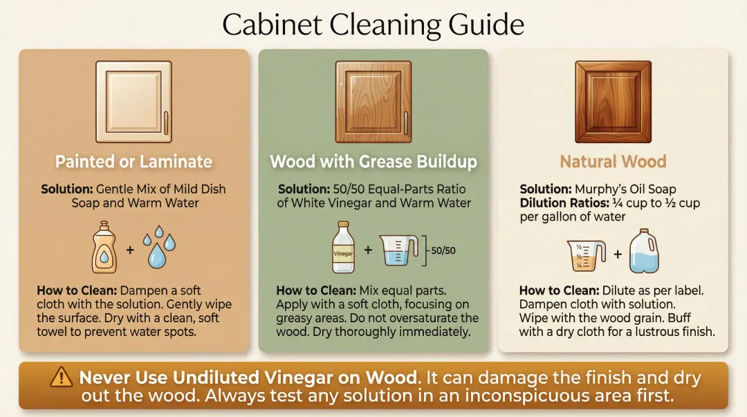 Three kitchen cabinet types with matching cleaning solutions comparison chart