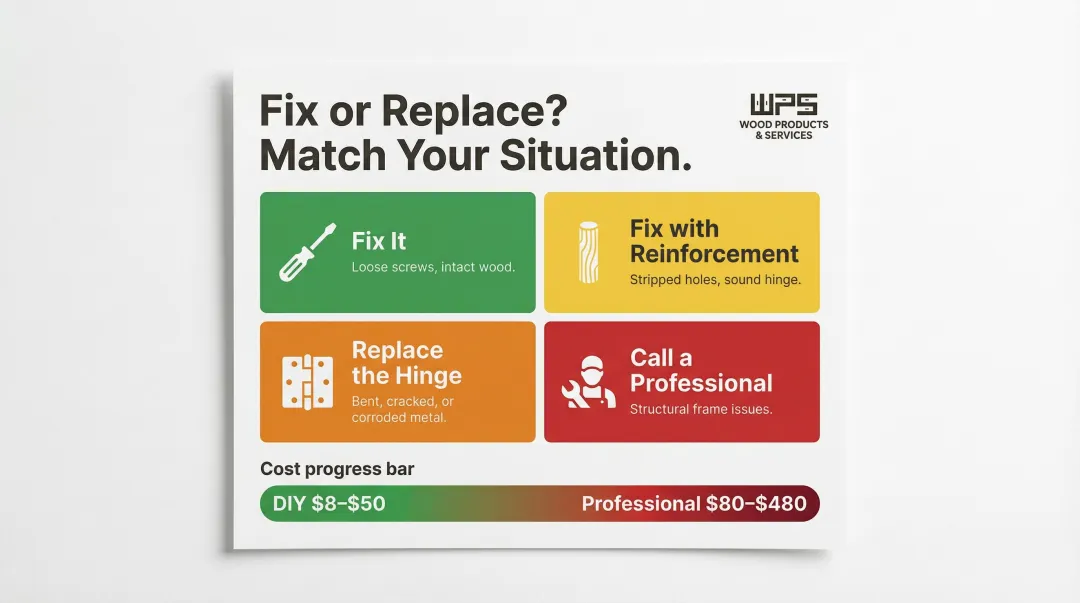 Door hinge fix versus replace decision guide with four scenarios and cost benchmarks