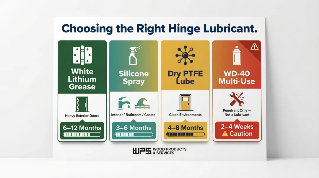 Four door hinge lubricant types comparison chart with best use and duration