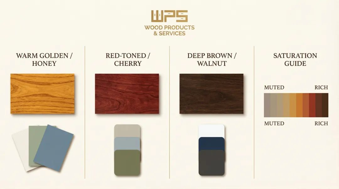Four wood stain undertone types and compatible cabinet paint color pairings
