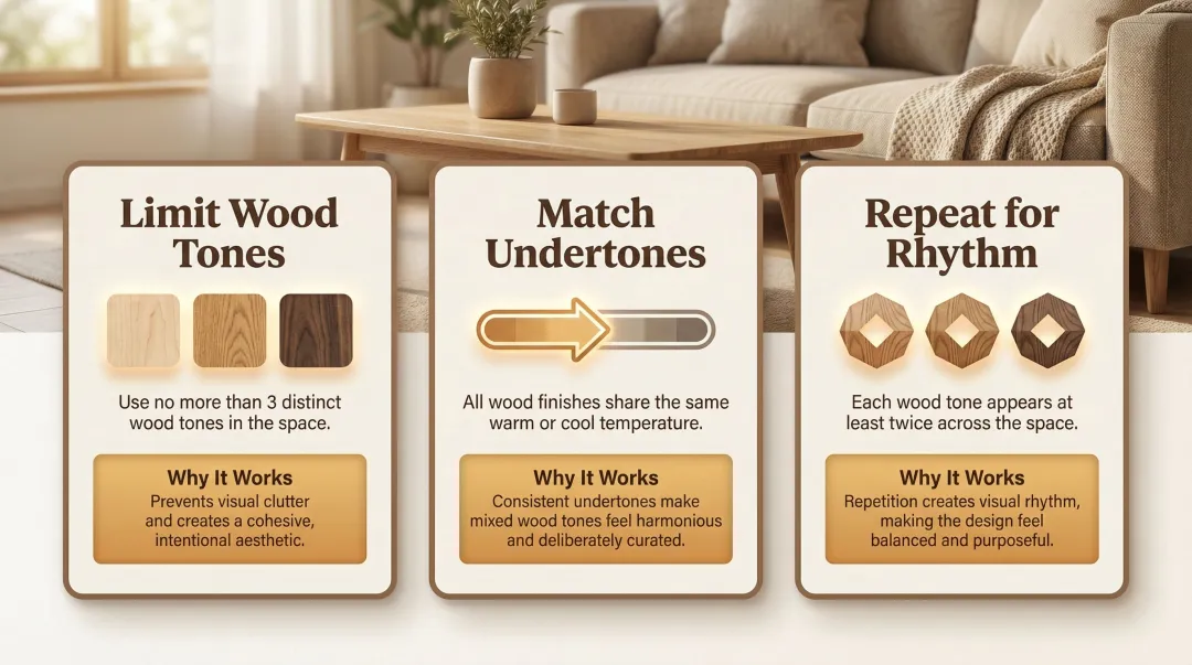 Three kitchen wood tone coordination principles table with application and design rationale