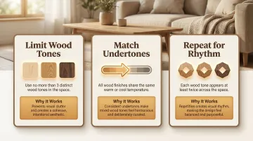Three kitchen wood tone coordination principles table with application and design rationale