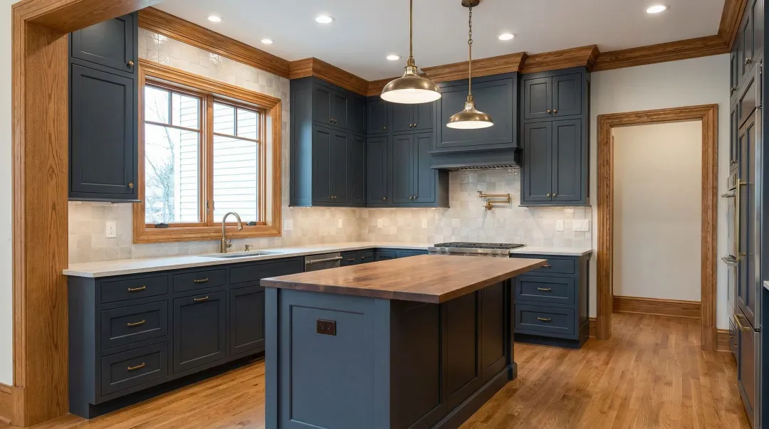Custom painted kitchen cabinets installed alongside warm stained wood trim and molding
