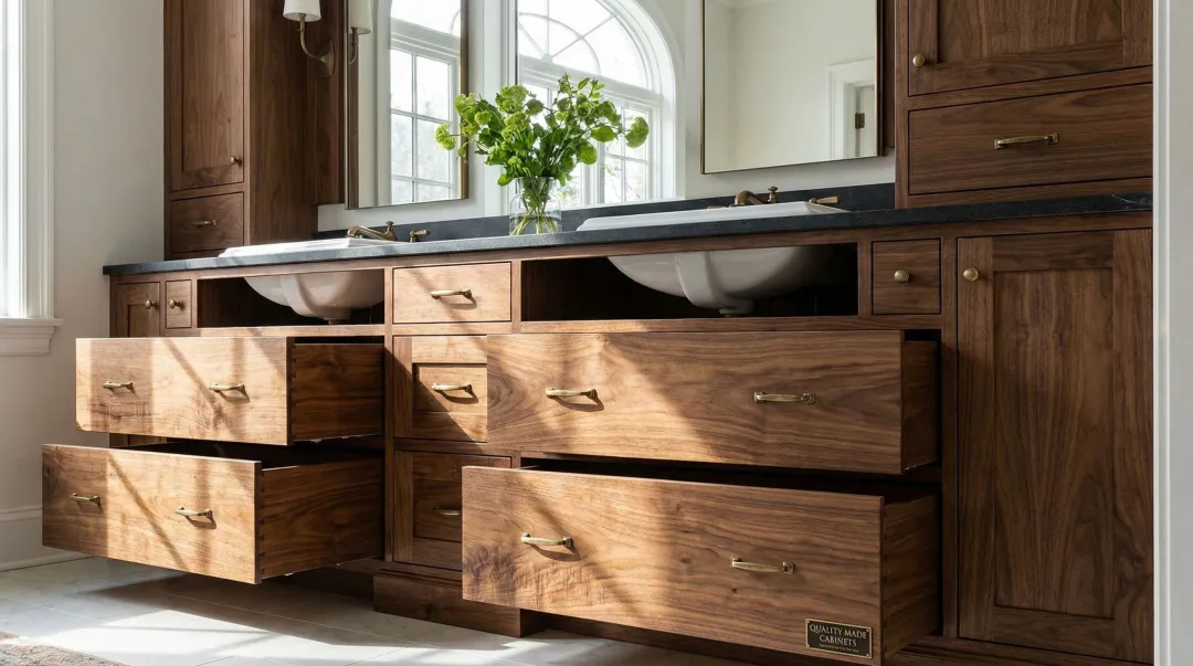 Custom double vanity cabinet built to exact specifications with premium wood finish