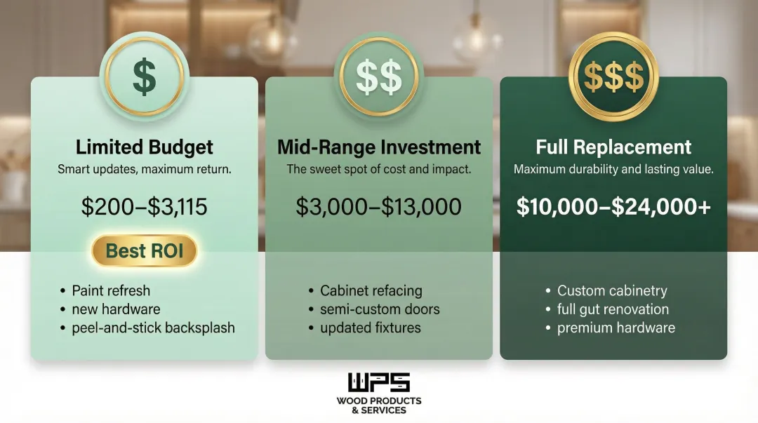 Kitchen cabinet remodel budget tiers comparing cost ranges and recommended approaches
