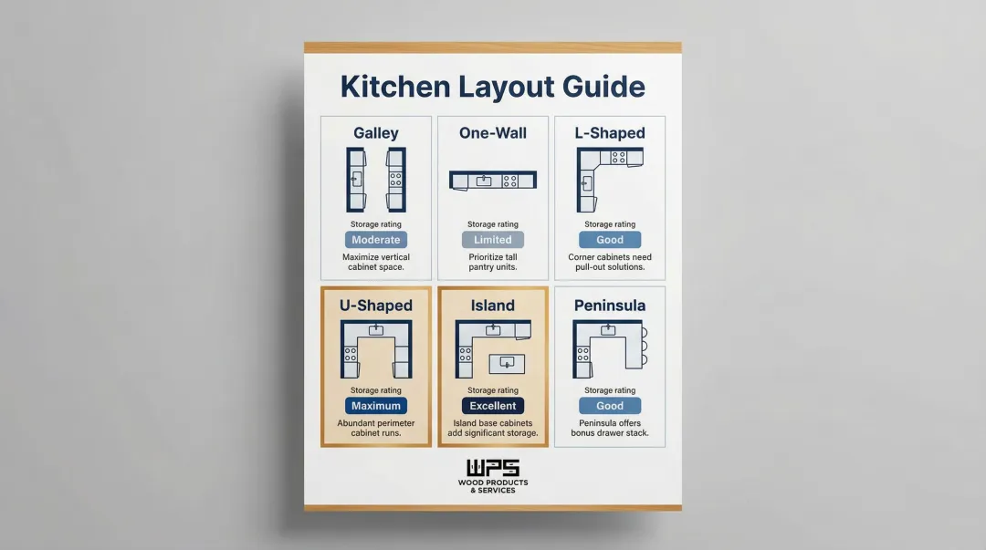 Six kitchen layout types compared by storage capacity and cabinet placement considerations