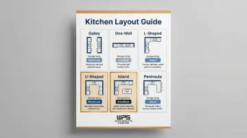 Six kitchen layout types compared by storage capacity and cabinet placement considerations