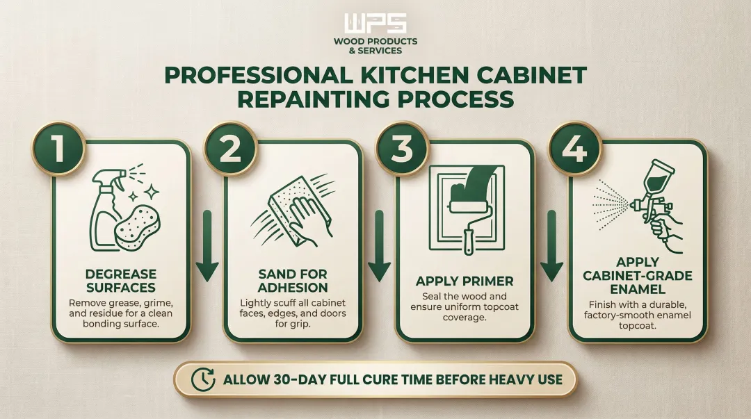 Four-step kitchen cabinet painting process from degreasing to enamel coat application